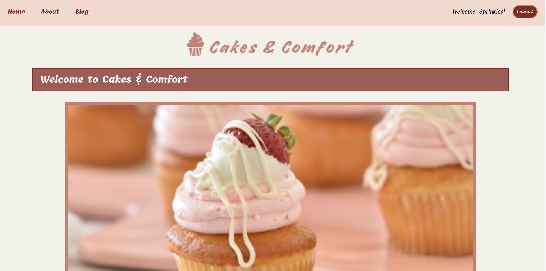 Cakes & Comfort homepage screenshot.